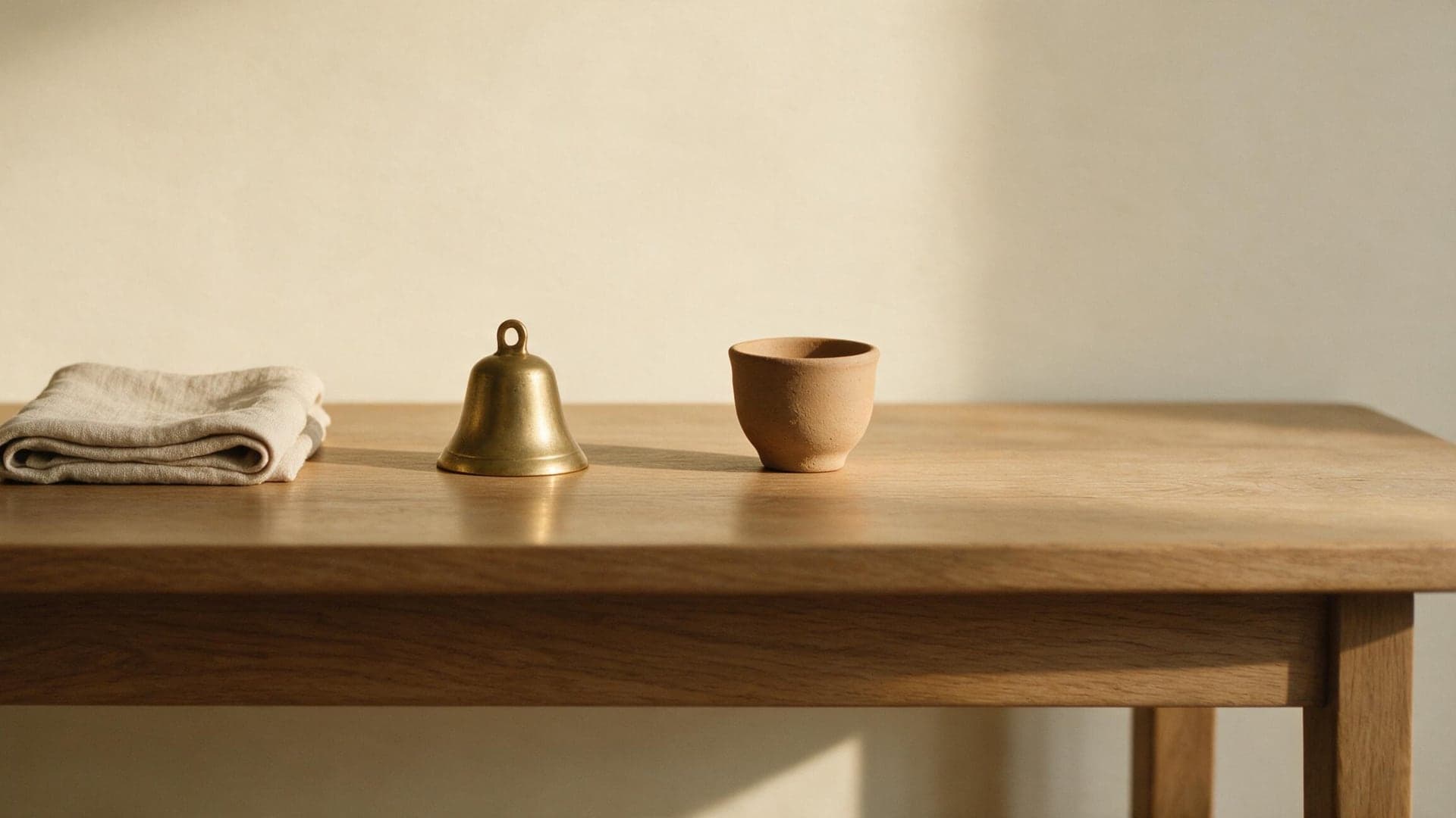 Trois objets simples alignés sur une table en chêne : linge plié, cloche de laiton, tasse d'argile