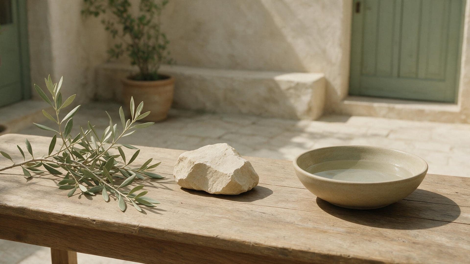Branche d'olivier, pierre calcaire et bol d'eau sur une table en chêne, lumière de cour