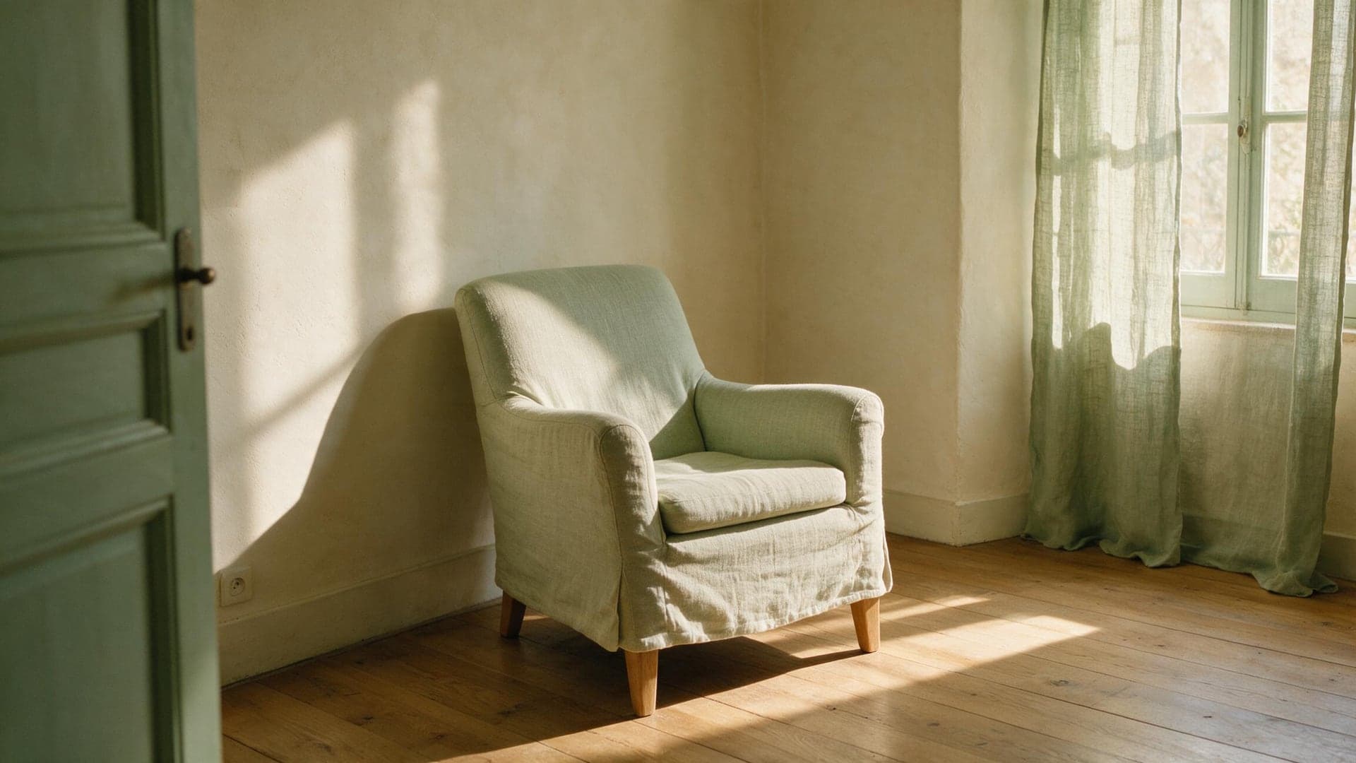 Fauteuil de lin dans une pièce claire, rideau soulevé par la lumière de l'après-midi