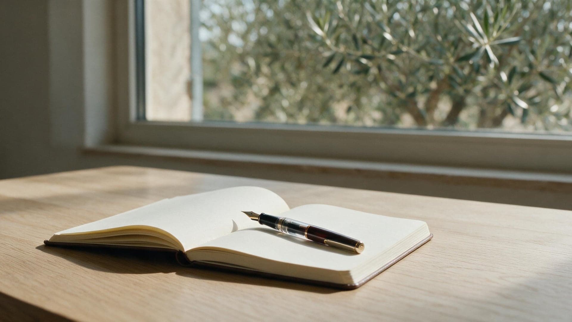 Carnet ouvert et stylo sur une table claire, feuillage d'olivier flou derrière la fenêtre