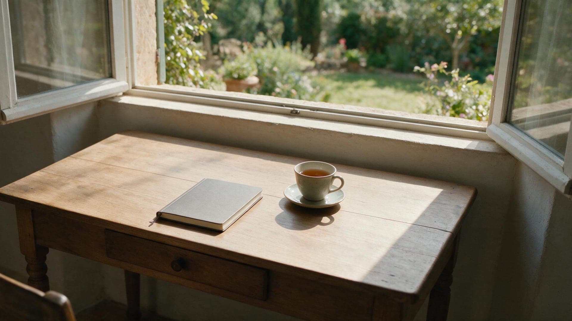 Bureau en bois près d'une fenêtre ouverte sur un jardin, carnet fermé et tasse, lumière du matin