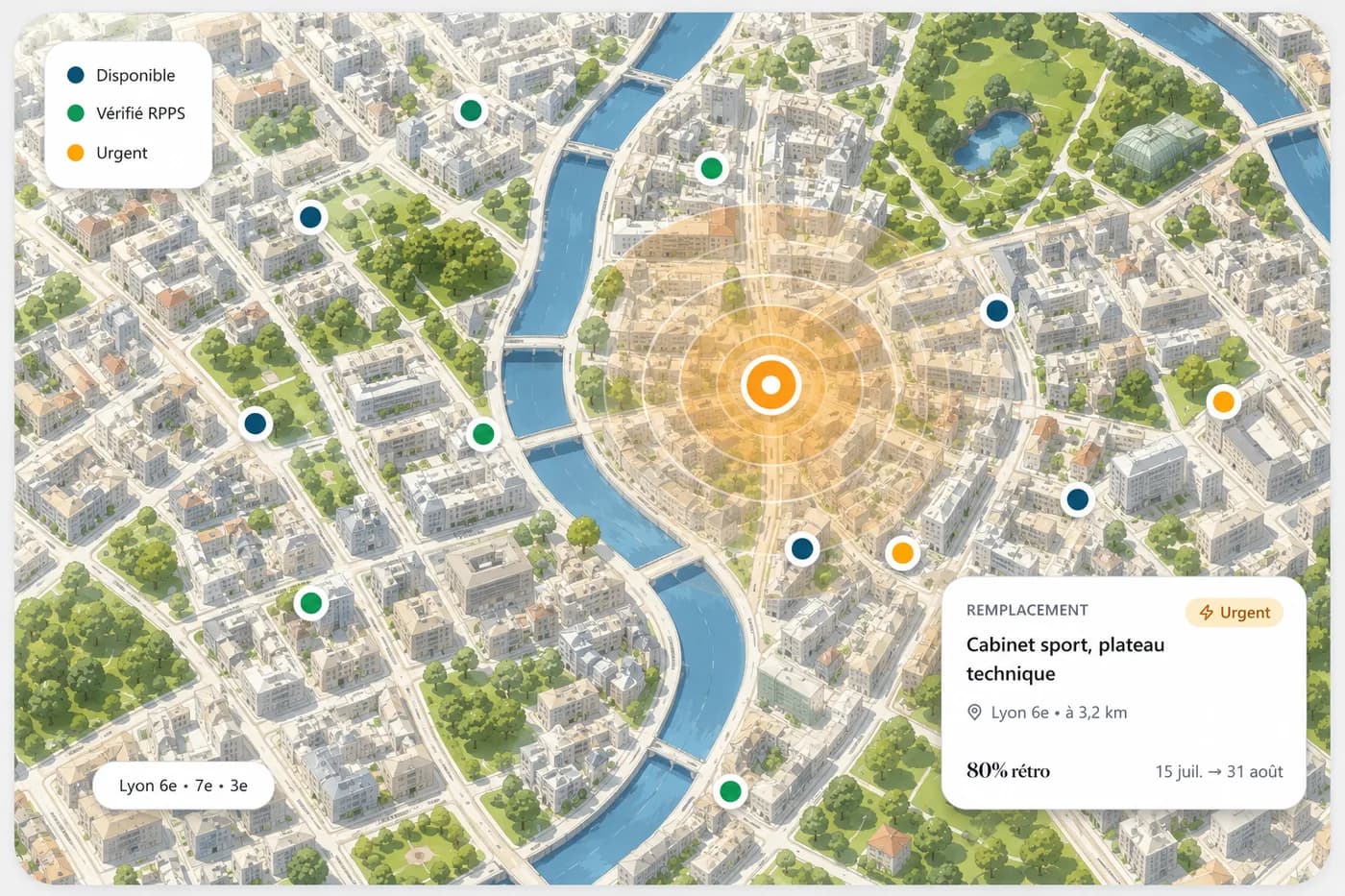 Carte interactive des annonces Kinexion — exemple Lyon avec marqueurs Disponible, RPPS vérifié, Urgent