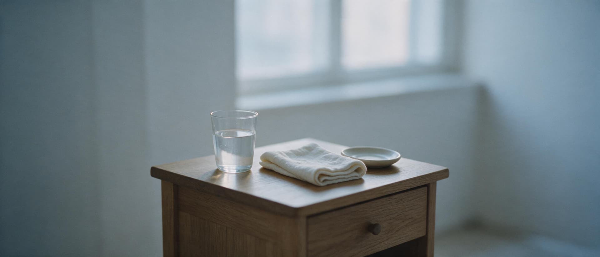 Table de chevet au petit matin : un verre d'eau, un linge plié, une coupelle en céramique