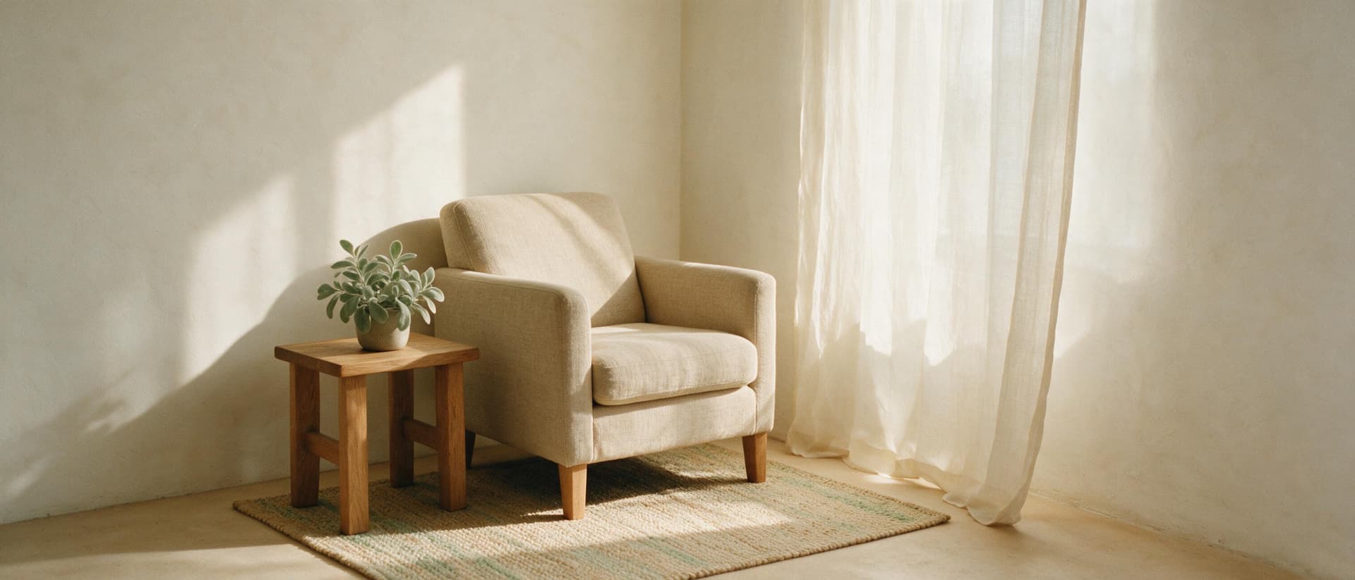 Coin de cabinet baigné de lumière naturelle : fauteuil en lin, tapis tressé et plante verte